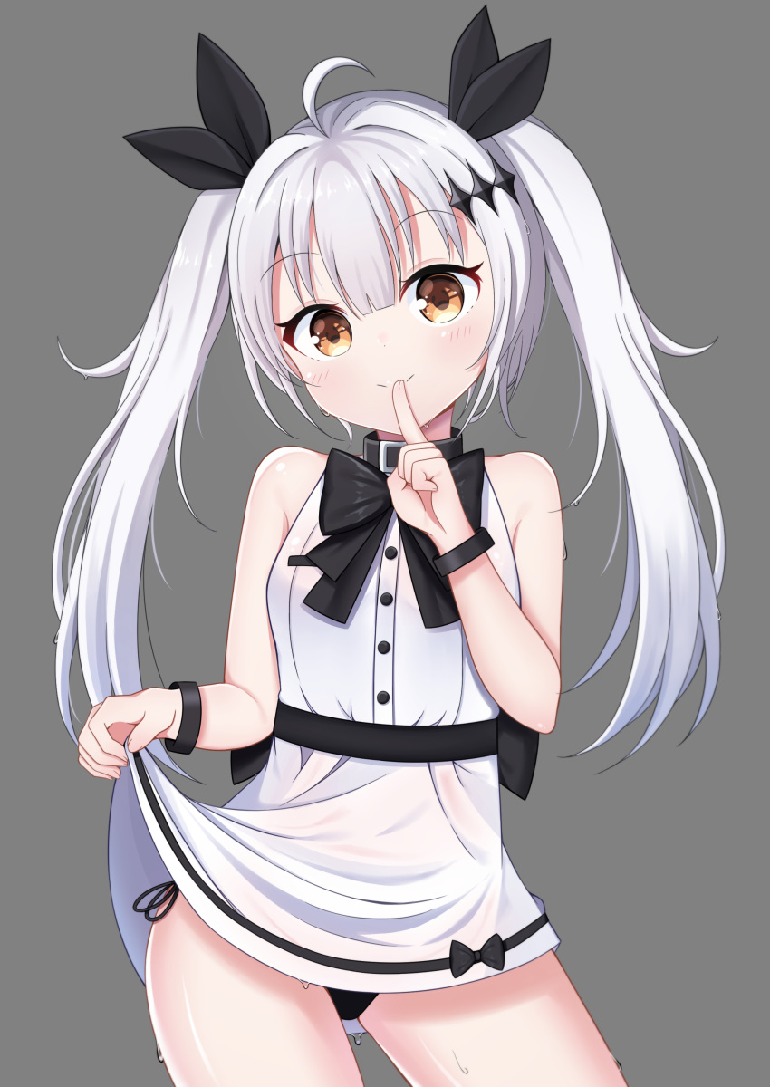 absurdres aged_down ahoge bare_shoulders black_bow black_panties black_ribbon blush bow brown_eyes closed_mouth commentary_request dress female fingernails five-seven_(adventures_of_fenfen)_(girls'_frontline) five-seven_(girls'_frontline) girls'_frontline grey_background hair_ornament hair_ribbon hand_up head_tilt highres long_hair looking_at_viewer official_alternate_costume panties ribbon see-through side-tie_panties sidelocks simple_background skirt_hold sleeveless sleeveless_dress smile solo starfox1015 twintails underwear very_long_hair wet wet_clothes wet_dress white_dress white_hair