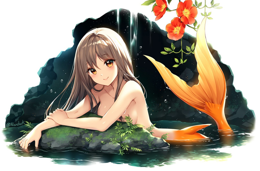 arm_support blush breasts brown_eyes collarbone commentary completely_nude female flower head_tilt light_brown_hair long_hair looking_at_viewer medium_breasts mermaid monster_girl nardack nude original partially_submerged rock smile solo symbol-only_commentary trumpet_creeper twitter_username water water_drop wet wet_hair