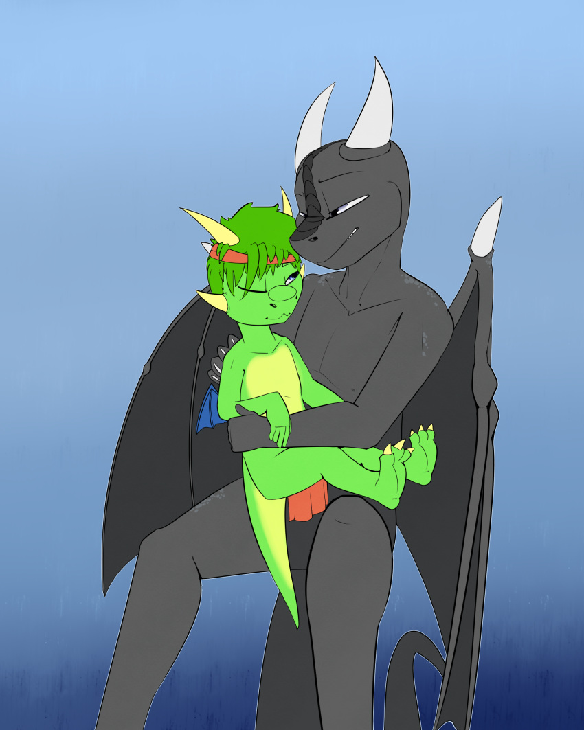 4:5 absurd_res alien anthro blue_background blue_eyes bottomwear clothing conmanwolf cuddling dragon duo garret_mvahd_(oc) grey_eyes hi_res loincloth male mythological_creature mythological_scalie mythology scalie sevarin_(character) simple_background tail young young_anthro young_male