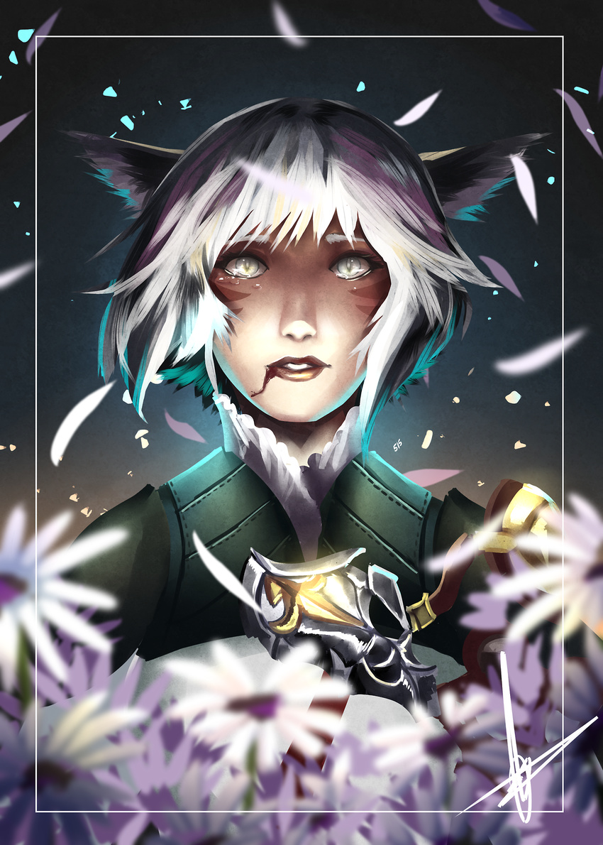 animal_ears blood blood_from_mouth blurry_foreground cat_ears facial_hair female final_fantasy final_fantasy_xiv flower hannah_santos highres lipstick makeup miqo'te parted_lips petals short_hair signature spoilers tears white_hair y'shtola