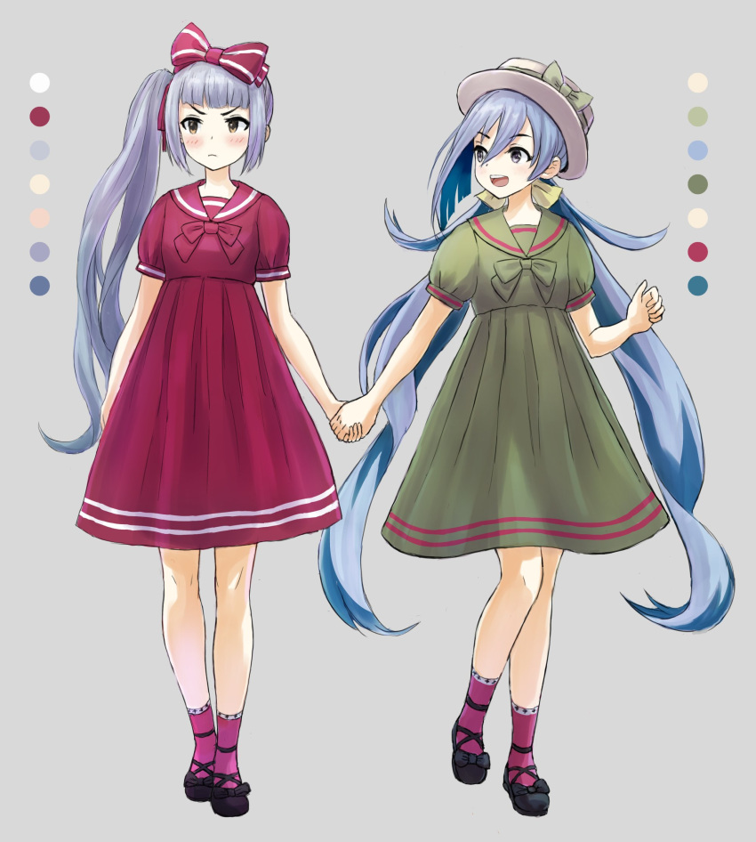 2girls :d alternate_costume black_footwear blue_hair blush bow brown_eyes commentary_request dress green_dress grey_background grey_eyes grey_hair hair_between_eyes hairbow hat highres holding_hands kantai_collection karashi_(tou_gara_shi) kasumi_(kancolle) kiyoshimo_(kancolle) long_hair looking_at_viewer low_twintails mary_janes multicolored_hair multiple_girls open_mouth pink_bow pink_dress purple_legwear red_dress sailor_dress shoes short_sleeves side_ponytail simple_background smile socks twintails very_long_hair