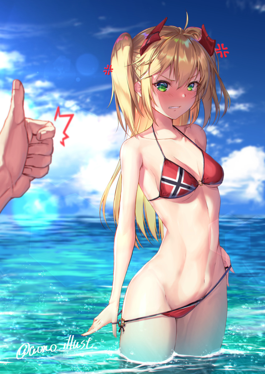 1boy admiral_hipper_(azur_lane) ahoge alternate_costume anger_vein angry aono_meri azur_lane bad_id bad_pixiv_id bare_shoulders beach bikini bikini_tug blonde_hair blue_sky blurry blush breasts cloud collarbone commentary_request cross day depth_of_field female green_eyes groin hair_between_eyes headgear highres iron_cross long_hair looking_at_viewer mole navel ocean out_of_frame outdoors parted_lips pov red_bikini sky small_breasts solo_focus standing stomach sunlight swimsuit thighs thumbs_up twitter_username two_side_up wading