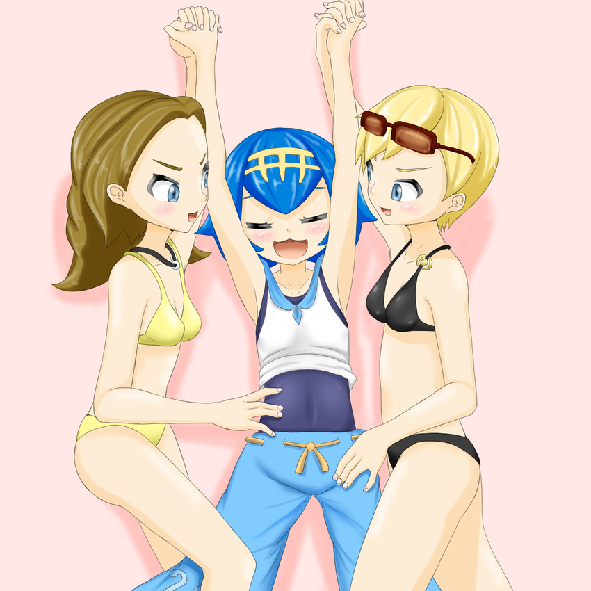 3girls :3 arm_up armpits arms_up artist_request ass bikini black_bikini blonde_hair blue_eyes blue_hair blue_pants blue_sailor_collar blue_swimsuit blush breasts brown_hair capri_pants cleavage closed_eyes collarbone covered_navel flat_chest from_above from_side glasses hair_ornament hairband hand_holding hand_up highres laughing legs_apart looking_down looking_to_the_side lying multiple_girls navel necklace npc_trainer on_back on_side one-piece_swimsuit open_mouth pants pink_background pokemon pokemon_sm red-framed_eyewear red-framed_glasses restrained sailor_collar shirt short_hair simple_background sleeveless sleeveless_shirt small_breasts smile suiren_(pokemon) sunglasses swimmer_(pokemon) swimsuit teeth tickling white_shirt yellow_bikini