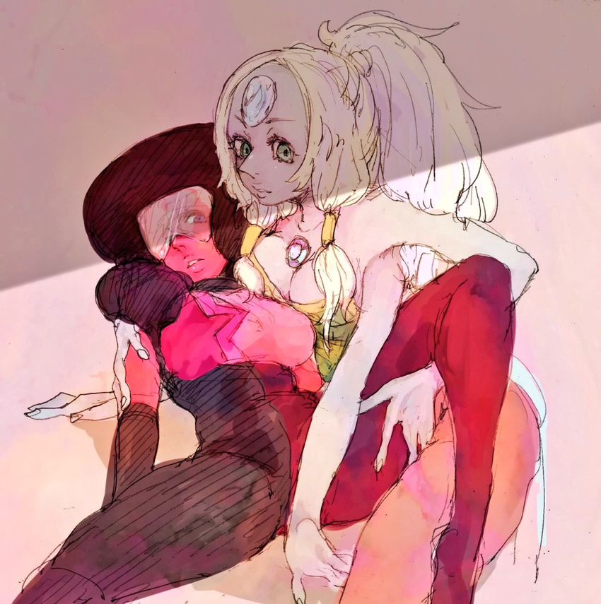 2girls afro animification breasts cleavage commentary english_commentary extra_arms forehead_jewel garnet_(steven_universe) gem grey_hair highres isuhaimo leg_lift looking_at_viewer medium_breasts multiple_girls opal_(steven_universe) pantyhose spread_legs steven_universe sunglasses yuri