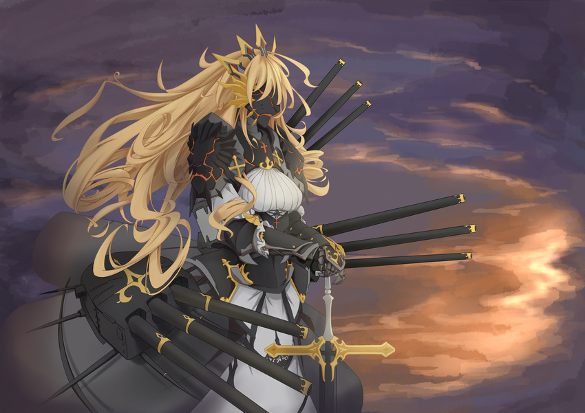 absurdres armor armored_dress blonde_hair cloud commentary_request cross crown dress female from_side highres lion lion_(warship_girls_r) long_hair machinery mecha robot solo sword very_long_hair warship_girls_r weapon wind yingjian