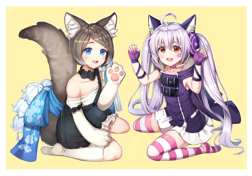 2girls :3 :d ahoge animal_ear_headphones animal_ears animal_hands arms_up bare_shoulders beige_background blue_bow blue_eyes blush bow braid brown_hair cat_ear_headphones claw_pose collarbone commentary dress english_commentary facial_mark fake_animal_ears fingerless_gloves forever_7th_capital gloves green_skirt grey_hair hair_between_eyes headphones headset highres japanese_clothes kneehighs looking_at_viewer mila_(forever_7th_capital) multiple_girls no_shoes off-shoulder_shirt off_shoulder open_mouth parted_bangs paw_gloves purple_dress purple_gloves rangen shiro_(forever_7th_capital) shirt short_hair skirt sleeveless sleeveless_shirt smile socks star_(symbol) striped_clothes striped_thighhighs suspender_skirt suspenders suspenders_slip tail thighhighs twintails two-tone_background white_background white_legwear white_shirt