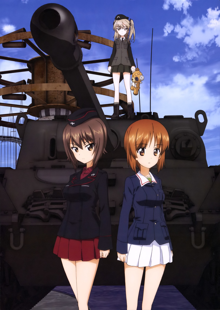 3girls absurdres black_hat black_jacket black_necktie black_ribbon black_skirt blue_jacket blue_sky boko_(girls_und_panzer) brown_eyes brown_hair centurion_(tank) cloud collarbone day dress_shirt girls_und_panzer hair_between_eyes hair_ribbon hat highres holding holding_stuffed_toy jacket kuromorimine_military_uniform light_brown_hair looking_at_viewer military military_vehicle miniskirt motor_vehicle multiple_girls necktie nishizumi_maho nishizumi_miho official_art one_side_up ooarai_military_uniform outdoors pleated_skirt red_shirt red_skirt ribbon selection_university_military_uniform shimada_arisu shirt short_hair skirt sky stuffed_animal stuffed_toy tank white_skirt yoshida_nobuyoshi