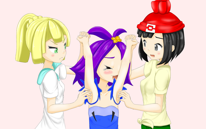 3girls :3 acerola_(pokemon) ahoge arm_up armpits arms_up artist_request beanie black_eyes black_hair blonde_hair blue_dress blush braid breasts closed_eyes collarbone dress flat_chest from_side green_eyes green_shorts hair_ornament hand_holding hand_up hat highres laughing lillie_(pokemon) looking_down mizuki_(pokemon_sm) multiple_girls open_mouth pink_background pokemon pokemon_sm ponytail purple_hair red_hat shirt short_hair short_sleeves shorts simple_background small_breasts smile standing tears tickling tied_hair tied_shirt white_shirt yellow_shirt