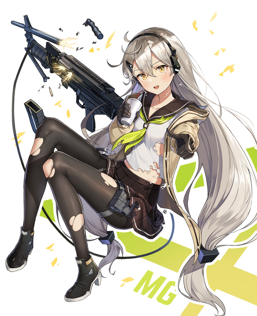 :d ahoge aliceblue ammunition belt_pouch black_footwear black_gloves black_pantyhose black_sailor_collar blush bra breasts broken broken_weapon brown_cardigan brown_skirt cardigan collarbone commentary cup disposable_cup drinking_straw female girls'_frontline gloves green_neckerchief gun h&k_mg4 hair_between_eyes hair_ornament hairband hairclip head_tilt highres holding holding_cup holding_gun holding_weapon knees_up leg_belt long_hair long_sleeves looking_at_viewer machine_gun magazine_(weapon) mg4_(girls'_frontline) mg4_(survival_club)_(girls'_frontline) midriff miniskirt name_connection neckerchief object_namesake official_alternate_costume open_cardigan open_clothes open_mouth pantyhose pleated_skirt pointing pouch sailor_collar school_uniform serafuku shirt shoes skirt smile solo sparks torn_clothes torn_pantyhose underwear very_long_hair weapon white_bra white_hair white_shirt yellow_eyes