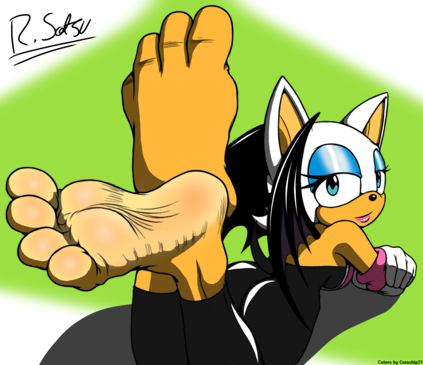 anthro ass barefoot bat biped black_nose blue_eyeshadow cornchip21 countershade_feet countershading eyeshadow feet female foot_focus fur green_eyes hi_res makeup mammal membrane_(anatomy) membranous_wings nitropunkarts paws rouge_the_bat sega simple_background soles solo sonic_the_hedgehog_(series) toes white_body white_fur wings