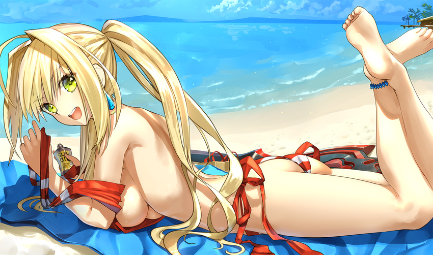 :d ahoge anklet ass bare_shoulders barefoot beach bikini breast_rest breasts commentary_request crossed_legs day earrings fate/grand_order fate_(series) female from_side green_eyes hair_intakes highres horizon jewelry kawanakajima large_breasts legs_up long_hair looking_at_viewer lying nero_claudius_(fate) nero_claudius_(swimsuit_caster)_(fate) on_stomach open_mouth outdoors side-tie_bikini_bottom sideboob sidelocks smile solo striped_bikini striped_clothes swimsuit tanning_oil the_pose toe_scrunch toes twintails underbust untied very_long_hair