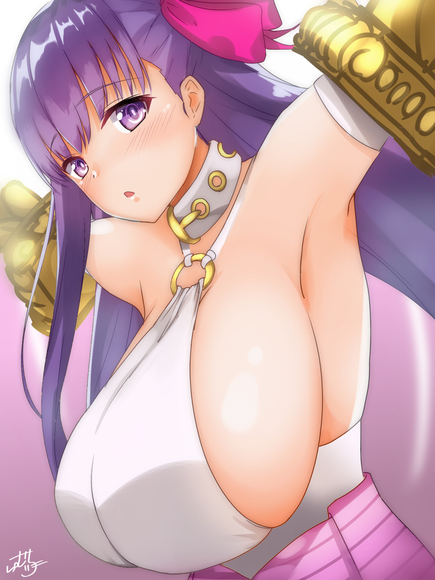 armpits bad_id bad_pixiv_id bare_shoulders belt_collar bow breasts collar commentary_request elbow_gloves fate/extra fate/extra_ccc fate/grand_order fate_(series) female gloves hairbow highres huge_breasts looking_at_viewer o-ring parted_lips passionlip_(fate) passionlip_(third_ascension)_(fate) pink_bow purple_eyes purple_hair ramchi sideboob signature solo white_gloves