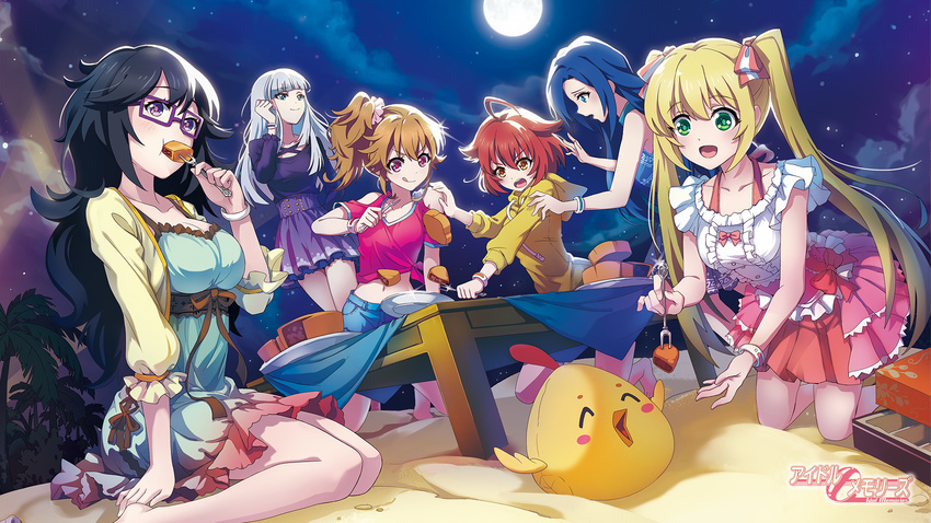 6+girls :d :q ahoge aqua_dress barefoot black_hair black_shirt blonde_hair blue_eyes blue_hair blue_pants bracelet breasts brown_hair character_request cleavage collarbone copyright_name dress eating feeding full_moon glasses green_eyes hair_between_eyes hair_ornament hair_ribbon hair_scrunchie hand_in_own_hair highres idol_memories jewelry kneeling long_hair medium_breasts midriff miniskirt moon multiple_girls navel night official_art open_mouth orange_skirt outdoors palm_tree pants pink_eyes pink_scrunchie pleated_skirt purple-framed_eyewear purple_eyes purple_skirt red_hair red_shirt ribbon scrunchie shirt short_dress short_hair short_sleeves side_ponytail silver_hair skirt sleeveless sleeveless_shirt smile standing stomach striped striped_ribbon sweater tied_shirt tongue tongue_out tree twintails very_long_hair white_shirt yellow_eyes yellow_sweater