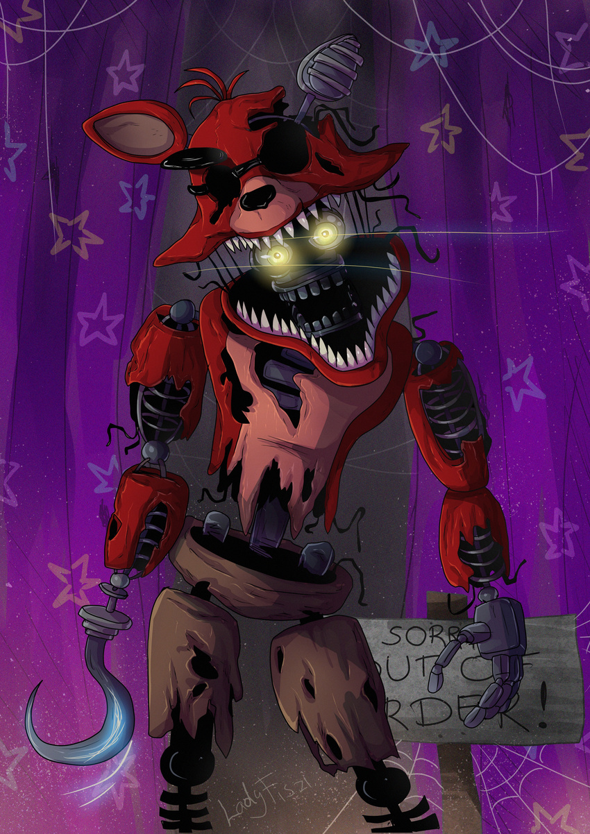 2017 absurd_res animatronic canid canine digital_media_(artwork) english_text fiszi five_nights_at_freddy's five_nights_at_freddy's_2 fox foxy_(fnaf) fur glowing glowing_eyes hi_res hook looking_at_viewer machine mammal robot scottgames solo teeth text withered_foxy_(fnaf) yellow_eyes