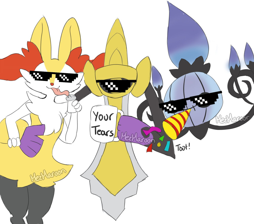 :3 aegislash animal_ear_fluff animal_ears arm_around_waist artist_name blue_fire braixen chandelure closed_mouth confetti creatures_(company) cup deal_with_it english_text female fire floating fox_ears fox_tail furry game_freak gen_5_pokemon gen_6_pokemon hand_on_hip hand_up happy highres holding jpeg_artifacts licking mezmaroon mouth_hold mug nintendo no_humans one-eyed party_popper pokemon pokemon_(creature) pokemon_(game) pokken_tournament saltshaker signature simple_background smile standing sunglasses tail tongue tongue_out white_background