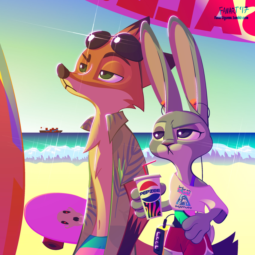 1:1 2017 80's_theme absurd_res aliasing alternate_universe anthro beach beverage bone bottomwear canid canine chest_tuft clothed clothing container cup detailed_background digital_media_(artwork) disney disposable_cup duo earbuds electronics eyewear fanartiguess female fox fur green_eyes grey_body grey_fur hand_on_hip headphones hi_res holding_container holding_cup holding_object judy_hopps lagomorph larger_anthro larger_male lens_flare leporid male mammal multicolored_body multicolored_fur navel nick_wilde open_clothing open_shirt open_topwear orange_body orange_fur outside pepsi purple_eyes rabbit red_fox sand seaside ship shirt shorts signature size_difference skateboard skull skull_pattern sky smaller_anthro smaller_female sunglasses swimwear text topwear true_fox tuft url vehicle walkman water watercraft white_body white_fur zootopia