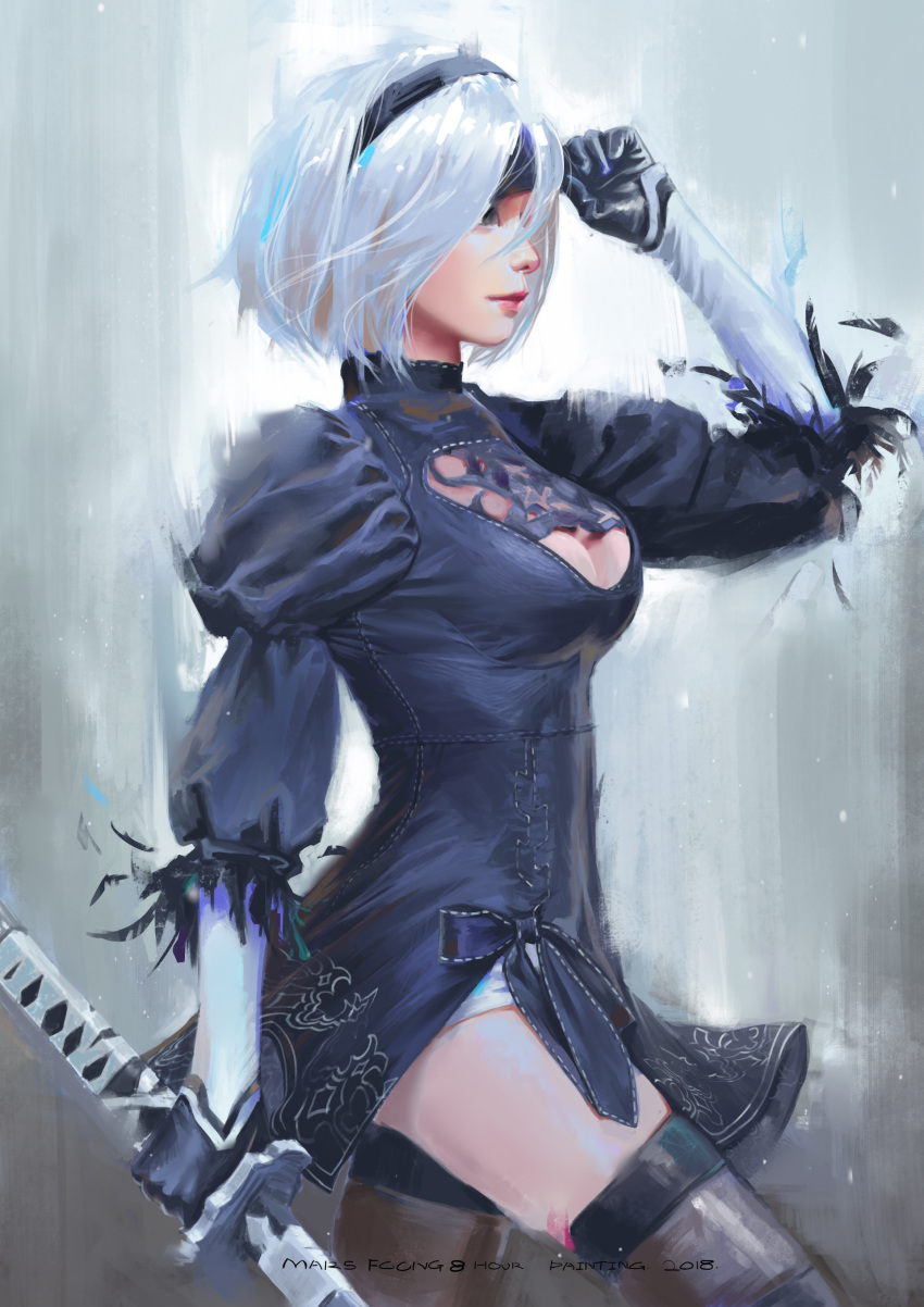 2b_(nier:automata) absurdres arm_up black_blindfold black_dress black_hairband blindfold blindfold_lift blue_eyes boots breasts cleavage cleavage_cutout clothing_cutout commentary derivative_work dress english_commentary feather-trimmed_sleeves female from_side gloves hairband highres holding juliet_sleeves katana leotard long_sleeves mars_foong medium_breasts nier:automata nier_(series) painting_(action) pink_lips profile puffy_sleeves solo sword thigh_boots thighhighs thighhighs_under_boots vambraces weapon white_hair white_leotard