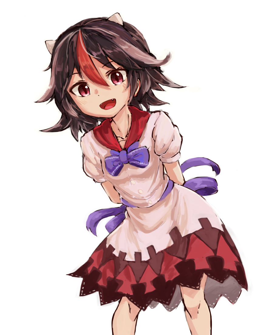 :d absurdres arms_behind_back arrow_(symbol) bad_id bad_pixiv_id black_hair bow bowtie breasts buttons collarbone cone_horns dress fangs female gradient_background grey_hair hair_between_eyes highres horns kijin_seija legs_apart looking_at_viewer multicolored_hair nob1109 open_mouth pink_eyes puffy_short_sleeves puffy_sleeves purple_bow purple_bowtie red_hair short_hair short_sleeves small_breasts smile solo streaked_hair touhou white_horns