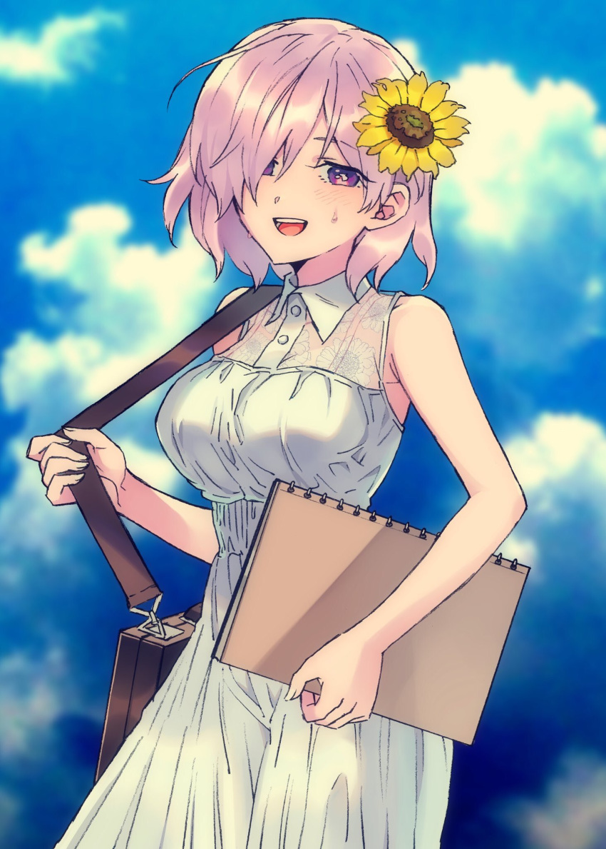 alternate_costume bag blush breasts commentary dress fate/grand_order fate_(series) female flower hair_flower hair_ornament hair_over_one_eye highres light_purple_hair looking_at_viewer mash_kyrielight medium_breasts open_mouth outdoors purple_eyes shigemitsu_jun short_hair sketchbook smile solo sundress sunflower sunflower_hair_ornament sweat white_dress