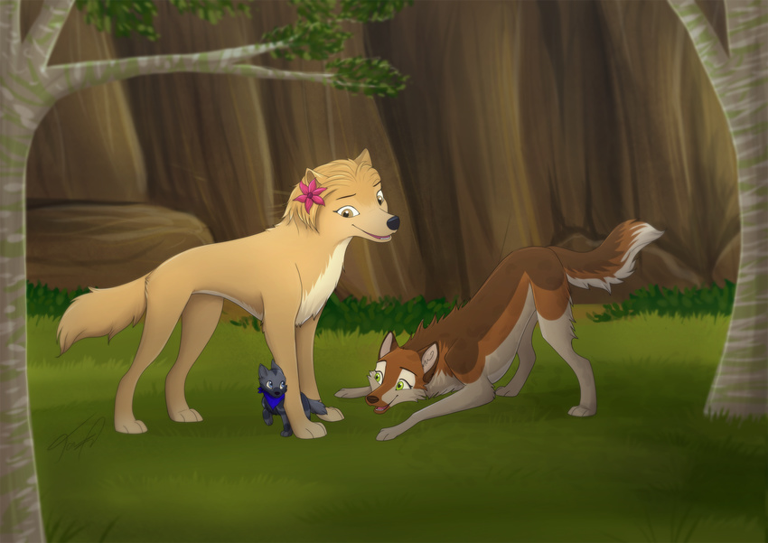 alpha_and_omega bandana canid canine canis clothing female feral group hi_res kate_(alpha_and_omega) kerchief little_ronak_(wolf_form) male mammal rusa_(original_character) shy tacianap wolf young young_feral