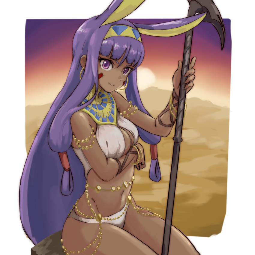 animal_ears armlet bad_id bad_pixiv_id bangle bracelet breasts closed_mouth dark-skinned_female dark_skin earrings extra_ears facial_mark fate/grand_order fate_(series) female groin hair_rings hairband highres holding holding_staff hoop_earrings jackal_ears jewelry long_hair medium_breasts navel nitocris_(fate) nob1109 purple_eyes purple_hair smile solo staff thighs very_long_hair