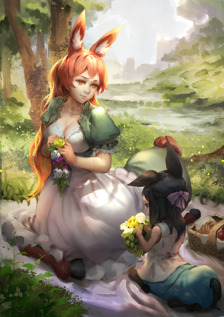 2girls absurdres age_difference animal_ears apron basket black_hair blanket blouse bow breasts brown_eyes brown_hair centaur centaur_no_nayami cleavage commentary cousins day dress flower forest grass green_dress hairbow half_updo highres hooves horse_ears kimihara_himeno light_smile long_hair looking_at_another looking_to_the_side medium_breasts monster_girl multiple_girls nature on_ground orange_eyes outdoors picnic picnic_basket puffy_short_sleeves puffy_sleeves purple_bow shino_(centaur_no_nayami) shirt short_sleeves sitting stream taur tree very_long_hair white_shirt wreath zuzu_sensei