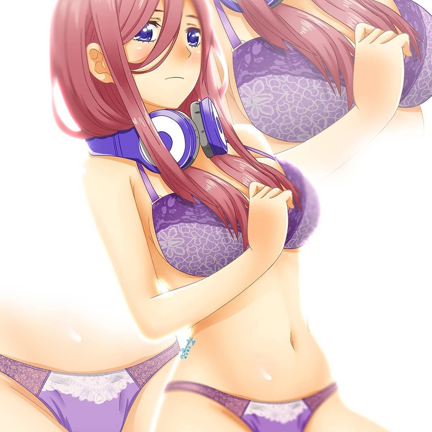 bad_id bad_instagram_id bad_link bare_shoulders bra breasts brown_hair cleavage closed_mouth dutch_angle female go-toubun_no_hanayome hair_between_eyes headphones headphones_around_neck lace lace_bra lace_panties large_breasts long_hair lukmanscootkenn nakano_miku navel panties purple_bra purple_eyes purple_panties solo stomach thighs underwear zoom_layer