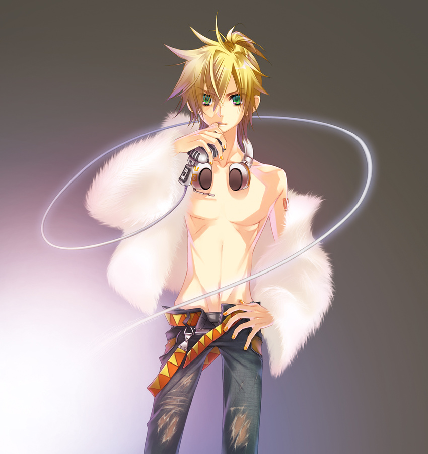 blonde_hair green_eyes headphones kagamine_len migiwa_hasu short_hair tattoo