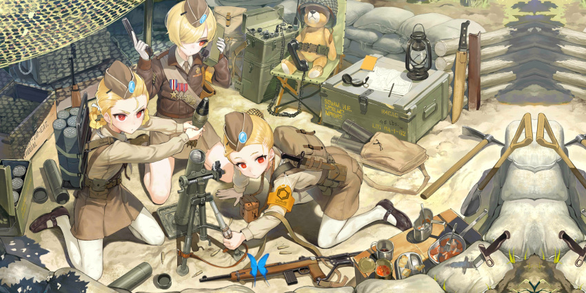 3girls ammunition armband backpack bad_link bag bayonet belt_pouch bipod blonde_hair bug butterfly combat_knife compass food garrison_cap girls'_frontline gun hair_over_eyes handgun hat helmet highres holding holding_gun holding_weapon kneeling knife ladic lamp m1911 m1_carbine m2_(girls'_frontline) medal military military_hat military_uniform mortar_(weapon) mortar_shell multiple_girls official_art pantyhose pickaxe pouch red_eyes rifle sandbag short_hair shovel stuffed_animal stuffed_toy teddy_bear uniform walkie-talkie weapon white_pantyhose wooden_box