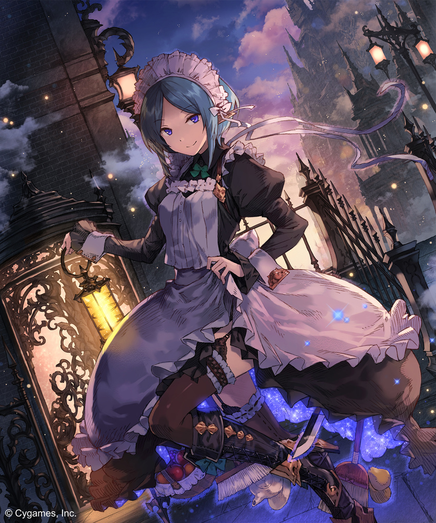 apple apron basket black_dress black_footwear black_thighhighs blue_eyes blue_hair blue_sky boots brick_wall broom city clothes_lift cloud collared_dress commentary_request company_name dress dutch_angle ezusuke female food fruit fruit_basket garter_straps grapes highres holding holding_lantern ironwork juliet_sleeves knee_boots knife lamp lamppost lantern light_particles long_sleeves looking_at_viewer maid maid_headdress orange_(fruit) outdoors pear photoshop_(medium) puffy_sleeves purple_eyes railing shingeki_no_bahamut short_hair skirt skirt_lift sky smile solo spire stairs standing standing_on_one_leg teapot thighhighs weapon wrist_cuffs