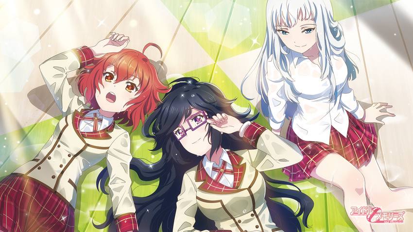 3girls ahoge arm_support black_hair blue_eyes bra brown_eyes character_request copyright_name day dress_shirt from_above glasses hair_between_eyes highres idol_memories long_hair miniskirt multiple_girls neck_ribbon official_art outdoors pleated_skirt purple-framed_eyewear red_hair red_ribbon red_skirt ribbon school_uniform see-through shirt short_hair silver_hair sitting skirt smile sparkle underwear very_long_hair wet wet_clothes wet_shirt white_bra white_shirt