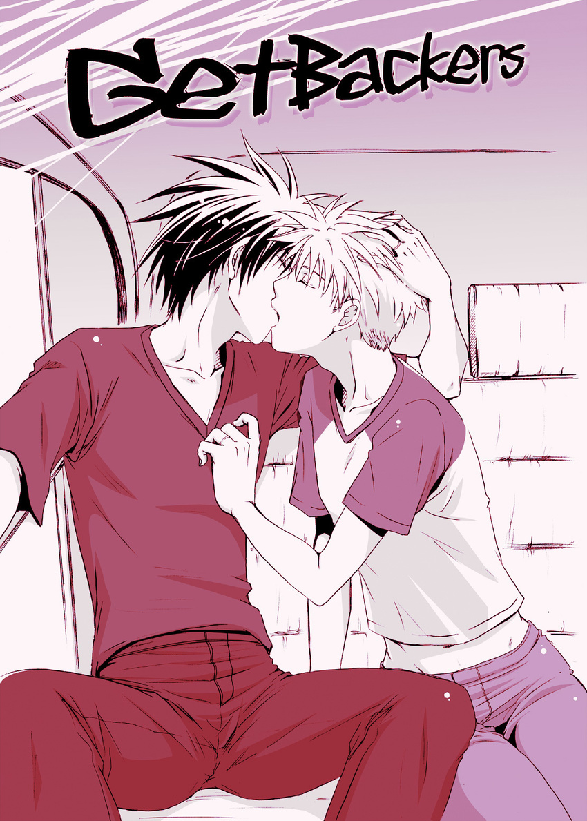 amano_ginji black_hair couple getbackers kissing midou_ban pants short_hair vehicle white_hair yaoi