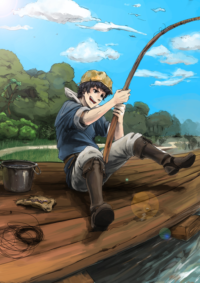 1boy absurdres berrywizard black_hair day donnel_(fire_emblem) fire_emblem fire_emblem_awakening fishing fishing_line fishing_rod highres male_focus outdoors pot pot_on_head smile solo