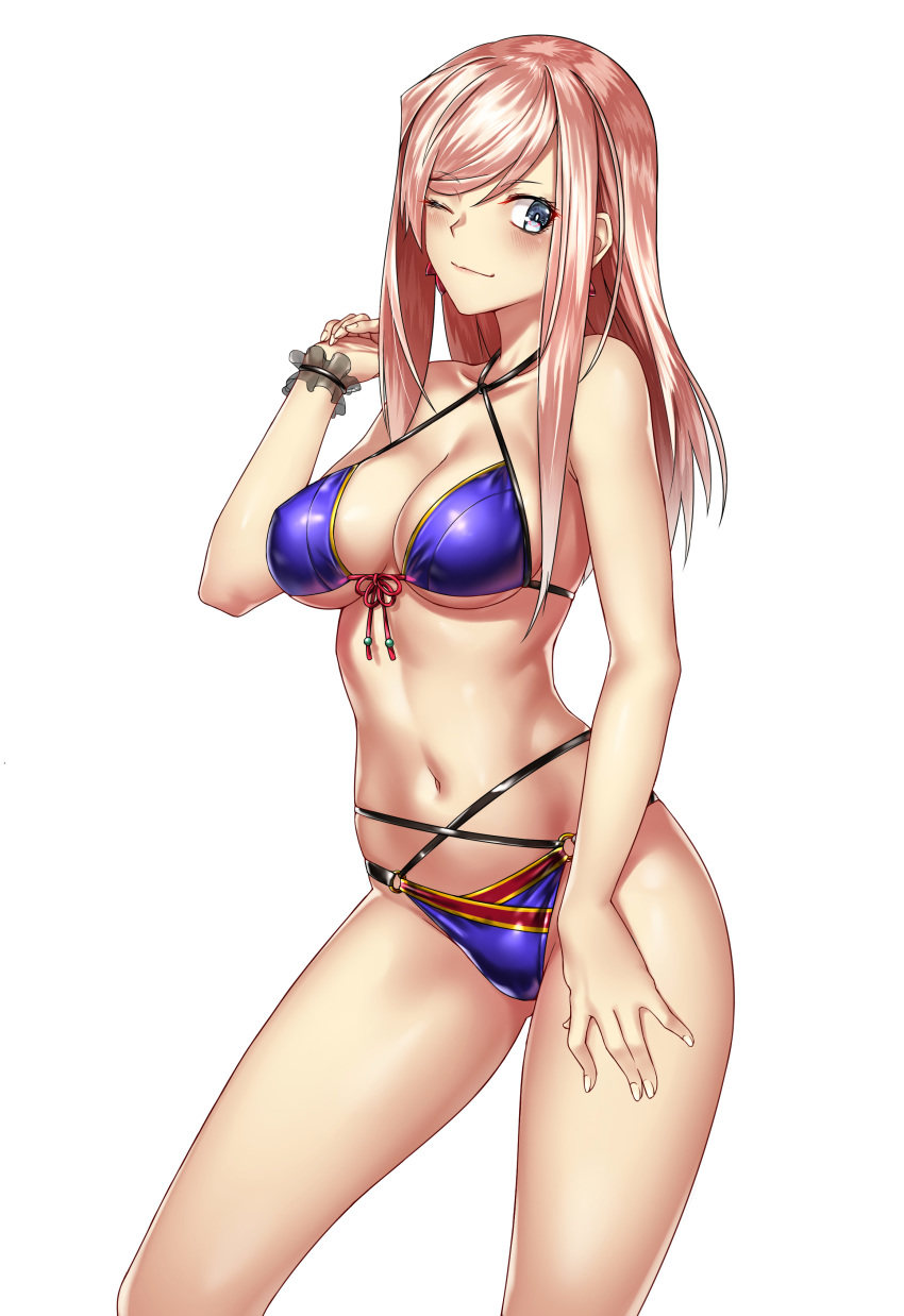 ;) absurdres adapted_costume bikini blue_bikini blue_eyes blush breasts bright_pupils cleavage commentary contrapposto cowboy_shot criss-cross_halter fate/grand_order fate_(series) female front-tie_top hair_down halterneck hand_on_own_thigh hand_up highres kai_(pixiv12466647) long_hair medium_breasts miyamoto_musashi_(fate) navel o-ring o-ring_bikini o-ring_bottom one_eye_closed photoshop_(medium) pink_hair sidelocks simple_background smile solo standing swimsuit white_background wrist_cuffs