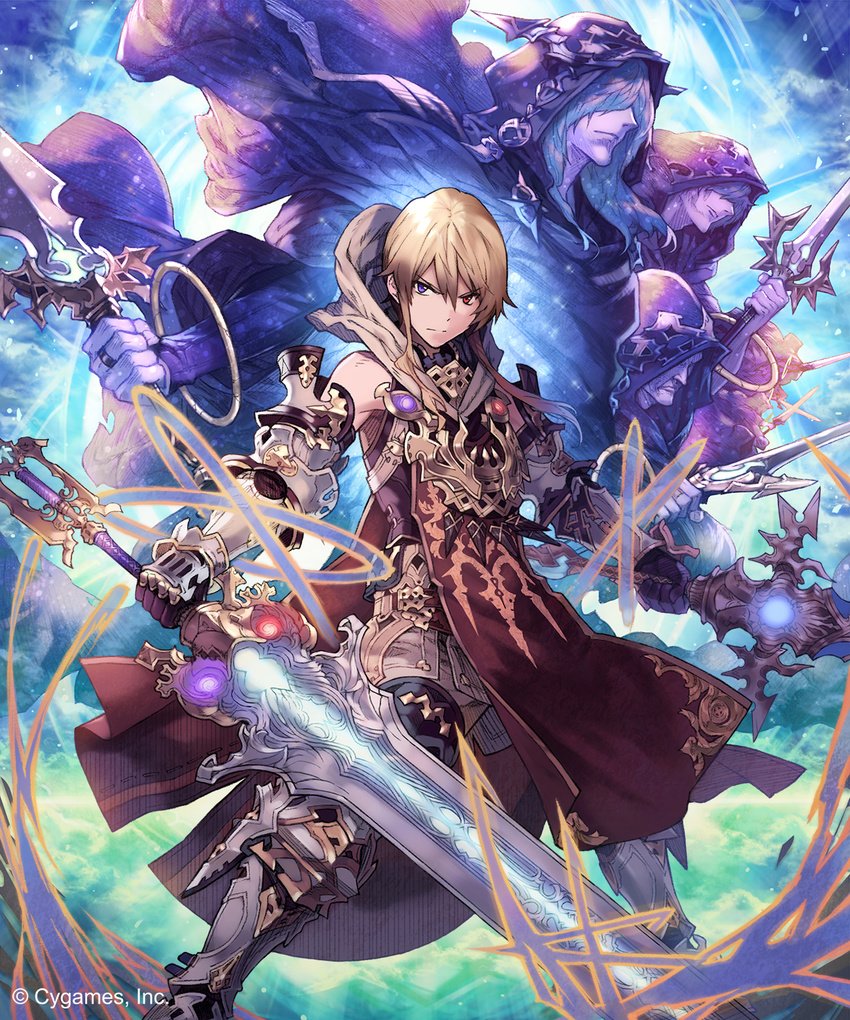 1boy armor armored_boots bare_shoulders boots closed_mouth commentary_request ezusuke frown gauntlets gem heterochromia highres holding holding_staff holding_sword holding_weapon hood hood_down hood_up huge_weapon looking_at_viewer magic male_focus photoshop_(medium) purple_eyes red_eyes robe shingeki_no_bahamut solo_focus staff sword tabard weapon