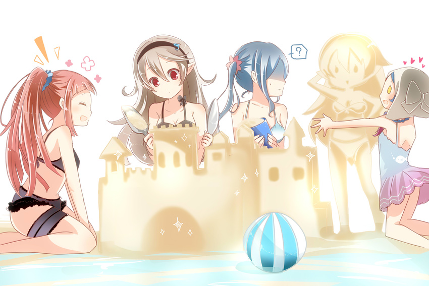 4girls ? ball beach beachball bikini black_bikini blue_bikini blue_hair braid commentary_request corrin_(female)_(fire_emblem) corrin_(fire_emblem) facial_mark felicia_(fire_emblem) fire_emblem fire_emblem_fates flora_(fire_emblem) forehead_mark hair_between_eyes hairband happy heart highres laughing lilith_(fire_emblem) long_hair multiple_girls one-piece_swimsuit pointy_ears ponytail red_eyes rojiura-cat sand sand_castle sand_sculpture siblings single_braid sisters sparkle swimsuit twintails white_background yellow_eyes