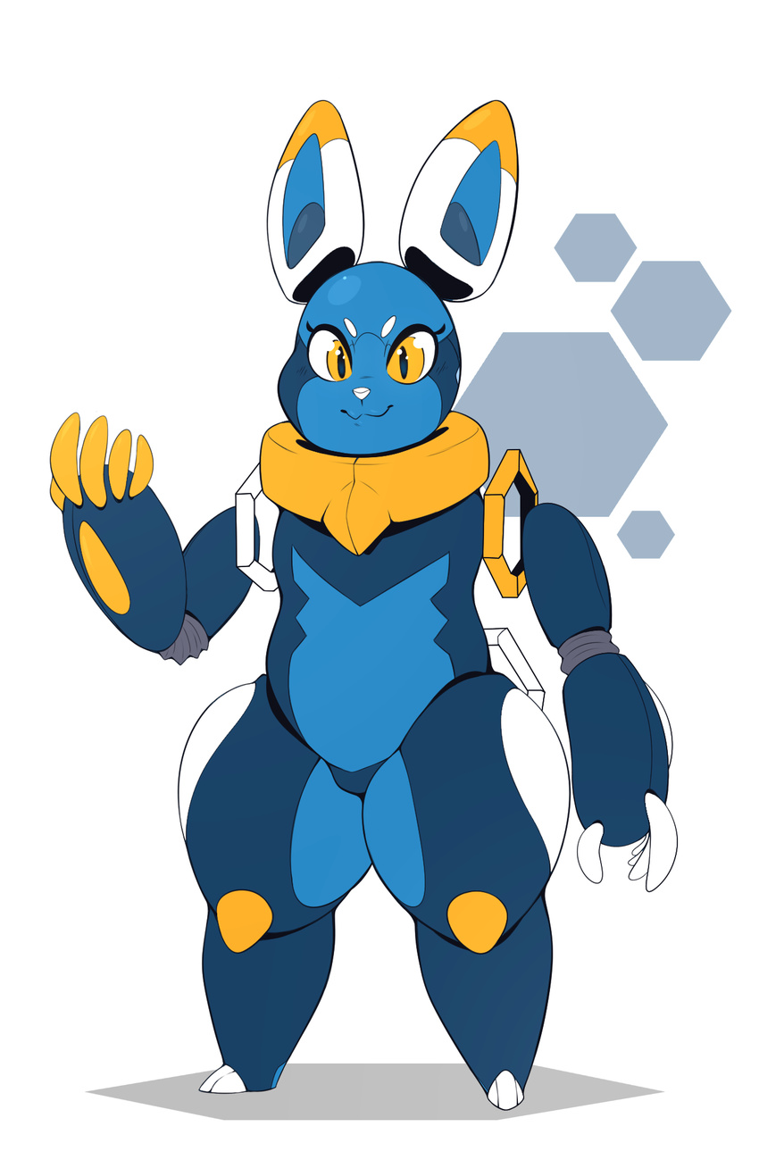 ambiguous_gender anthro blue_body colored e621 ear_markings esix facial_markings head_markings hi_res lagomorph machine mammal markings mascot robot simple_background solo white_background xingscourge yellow_eyes