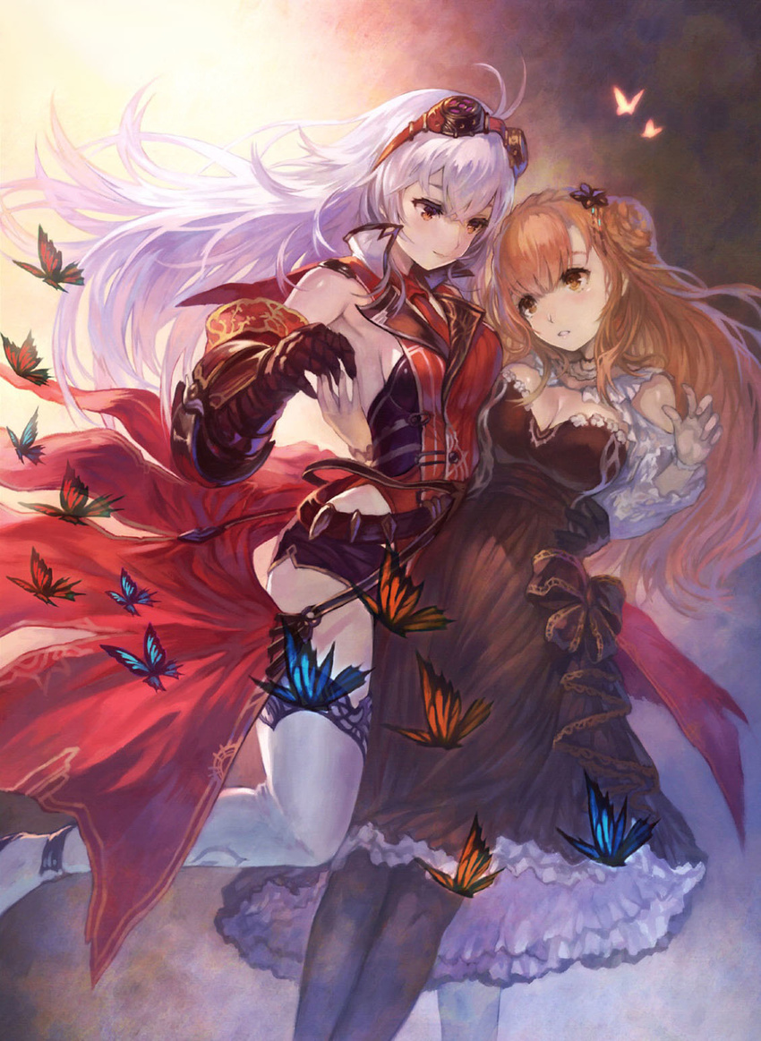 2girls arnas_(yoru_no_nai_kuni) belt boots braid breasts brown_hair bug butterfly cleavage dress goggles goggles_on_head hair_ornament highres imageboard_desourced large_breasts long_hair lyuritis_(yoru_no_nai_kuni) multiple_girls non-web_source official_art pantyhose sideboob silver_hair sleeveless thigh_boots thighhighs yoru_no_nai_kuni yoshiku_(oden-usagi) yuri