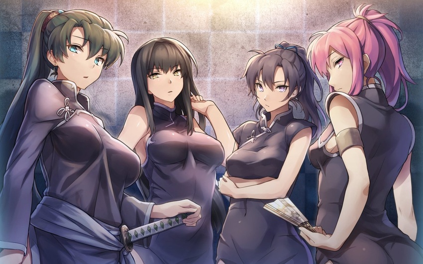 4girls ass bare_shoulders black_eyes black_hair blush breasts commentary_request dress fingerless_gloves fir_(fire_emblem) fire_emblem fire_emblem:_the_binding_blade fire_emblem:_the_blazing_blade fire_emblem:_the_sacred_stones fire_emblem_heroes gloves green_eyes green_hair hair_ribbon karla_(fire_emblem) katana large_breasts long_hair looking_at_viewer lyn_(fire_emblem) marisa_(fire_emblem) medium_breasts multiple_girls pink_hair ponytail purple_eyes purple_hair ribbon sajittari side_slit simple_background sword very_long_hair weapon