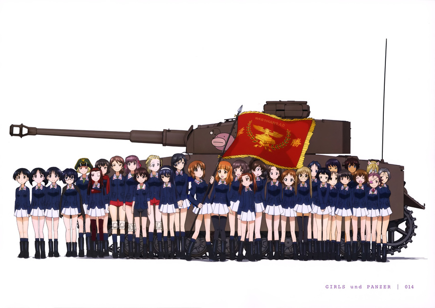 6+girls absurdres akiyama_yukari anglerfish animal_ears bike_shorts black_eyes black_footwear black_hair black_shorts black_socks black_thighhighs blonde_hair blue_eyes blue_hair blue_jacket blunt_bangs boots brown_eyes brown_hair caesar_(girls_und_panzer) cat_ears coke-bottle_glasses dark-skinned_female dark_skin emblem erwin_(girls_und_panzer) everyone eyepatch fake_animal_ears fish flag food fruit girls_und_panzer glasses gotou_moyoko green_eyes green_shirt grey_hair hairband haori hat hiding highres holding hoshino_(girls_und_panzer) isobe_noriko isuzu_hana jacket japanese_clothes kadotani_anzu kawanishi_shinobu kawashima_momo knee_pads kondou_taeko konparu_nozomi koyama_yuzu long_hair long_sleeves looking_at_viewer maruyama_saki messy_hair military military_hat military_uniform military_vehicle miniskirt momogaa_(girls_und_panzer) monocle motor_vehicle multiple_girls muneate nakajima_(girls_und_panzer) nekonyaa_(girls_und_panzer) nishizumi_miho official_art ooarai_military_uniform oono_aya orange_eyes orange_hair oryou_(girls_und_panzer) panzer_iv parted_bangs peach peaked_cap piyotan_(girls_und_panzer) pleated_skirt red_shorts reizei_mako round_eyewear saemonza_(girls_und_panzer) sakaguchi_karina sasaki_akebi sawa_azusa shirt short_hair short_ponytail short_shorts shorts skirt socks sono_midoriko standing suzuki_(girls_und_panzer) takebe_saori tank thighhighs tsuchiya_(girls_und_panzer) twintails uniform utsugi_yuuki white_background white_skirt yamagou_ayumi