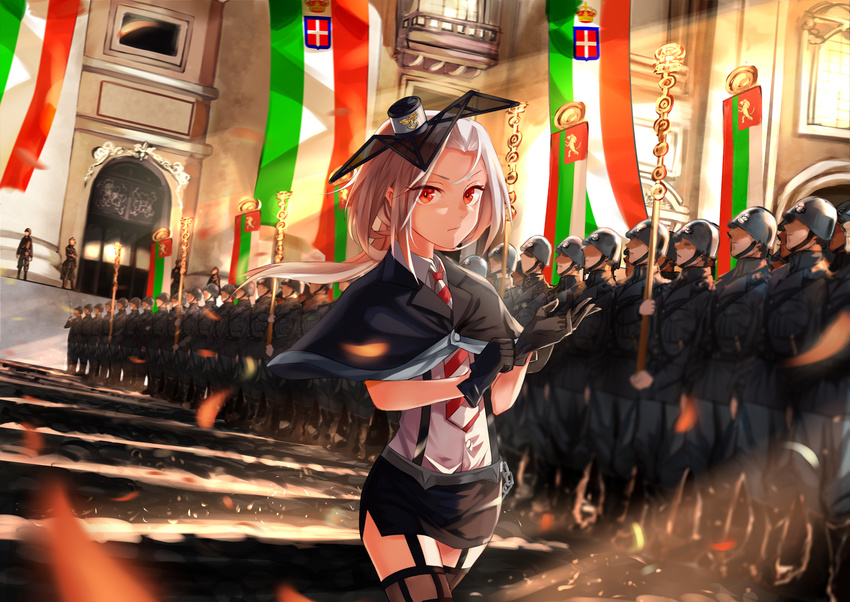 6+boys absurdres adjusting_clothes adjusting_gloves banner black_gloves capelet commentary_request female garter_straps gloves hat highres italian_flag italian_kingdom_flag italy light_rays lineup long_hair looking_at_viewer military miniskirt multiple_boys necktie pencil_skirt petals photoshop_(medium) red_eyes skirt solo_focus stairs striped striped_necktie suspenders thighhighs tuziki_sang vittorio_veneto_(warship_girls_r) walking warship_girls_r white_hair