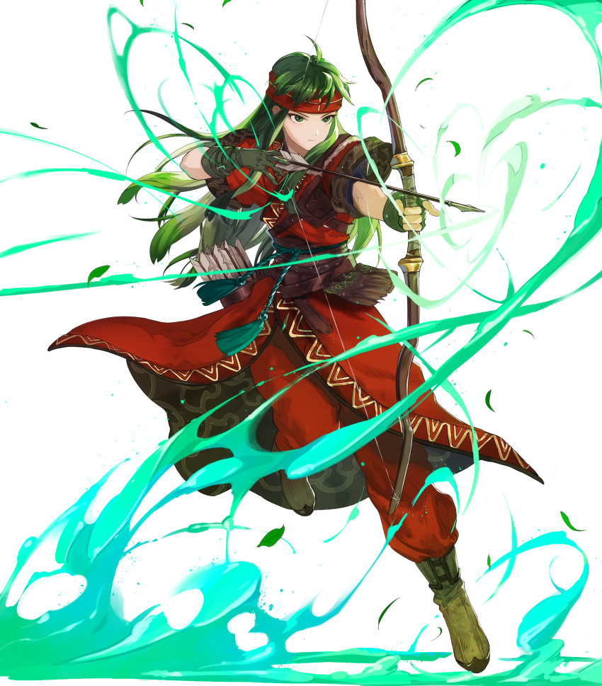 armor arrow_(projectile) belt boots bow_(weapon) brown_footwear female fingerless_gloves fire_emblem fire_emblem:_the_binding_blade fire_emblem_heroes full_body gloves green_eyes green_hair headband highres holding holding_bow_(weapon) holding_weapon leaf leg_up long_hair mayo_(becky2006) official_art pants quiver short_sleeves shoulder_armor solo sue_(fire_emblem) transparent_background weapon