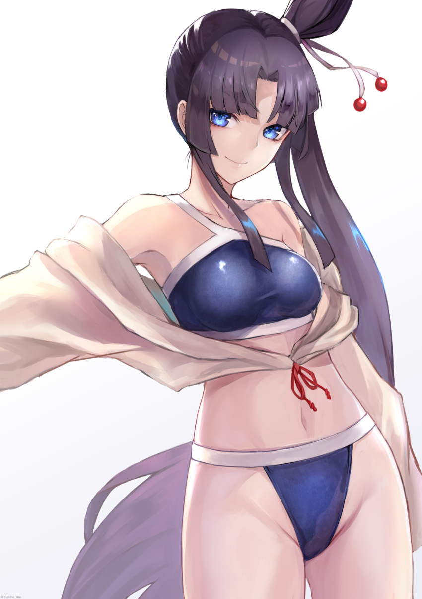 armpits bad_id bad_pixiv_id bare_shoulders bikini black_hair blue_bikini blue_eyes breasts brown_jacket closed_mouth collarbone commentary_request cowboy_shot fate/grand_order fate_(series) female groin hair_bun hair_tie head_tilt highleg highleg_bikini highres hip_focus jacket long_hair long_sleeves looking_at_viewer medium_breasts navel off_shoulder outstretched_arm parted_bangs red_ribbon ribbon side_ponytail sidelocks simple_background single_hair_bun smile solo standing stomach swimsuit twitter_username ushiwakamaru_(fate) ushiwakamaru_(swimsuit_assassin)_(fate) ushiwakamaru_(swimsuit_assassin)_(first_ascension)_(fate) very_long_hair white_background yukihama