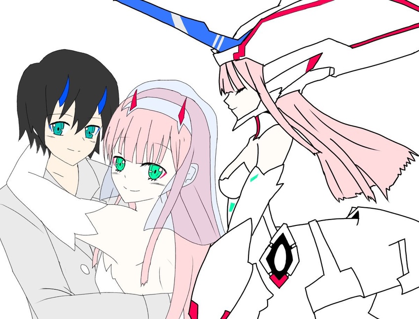 1boy arm_around_neck bangs bare_shoulders black_hair blue_horns blush breasts bridal_gauntlets bridal_veil bridge clavicle cleavage closed_eyes couple darling_in_the_franxx dress elbow_gloves eyebrows_visible_through_hair female female gloves green_eyes grey_shirt hair_ornament hairband hand_on_another's_back hiro_(darling_in_the_franxx) horns hug kyouka_jun long_hair long_shirt long_sleeves looking_at_viewer male mecha medium_breasts oni_horns open-back_dress pink_hair red_horns shirt short_hair straight strelizia strelizia_apus strelizia_true_apus veil wedding wedding_dress white_gloves white_hair_ornament white_hairband zero_two_(darling_in_the_franxx)