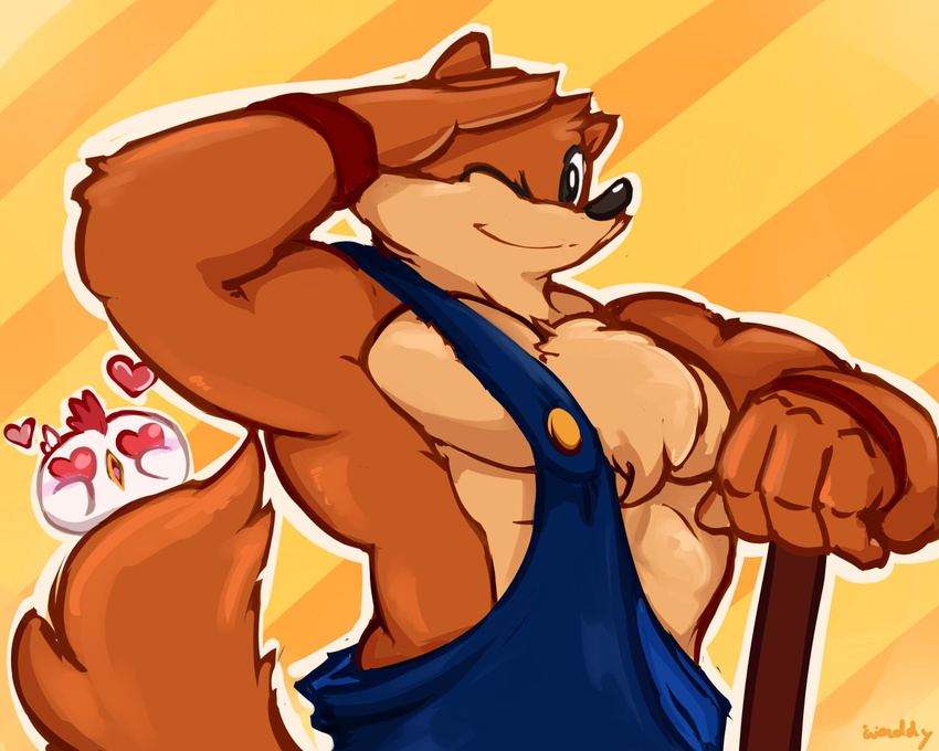 2014 anthro canid canine canis chest_tuft clothing hi_res male mammal muscular muscular_anthro muscular_male one_eye_closed overalls solo tuft waddledox wink wolf wuffle wuffle_(webcomic)