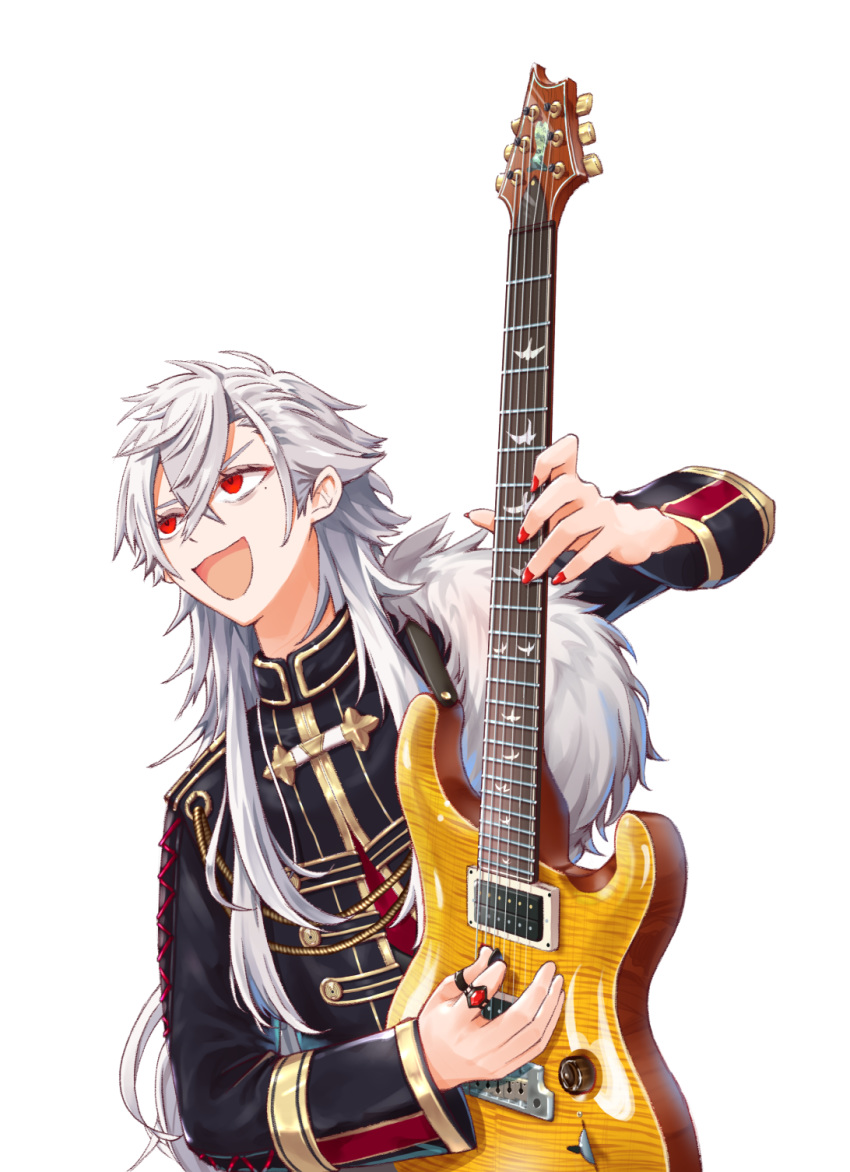 1boy :d bad_id bad_pixiv_id fur_trim gold_trim guitar guitaro_(yabasaki_taro) hair_between_eyes highres instrument jewelry kuzuha_(nijisanji) long_hair long_sleeves looking_afar male_focus mole mole_under_eye music nail_polish nijisanji open_mouth paul_reed_smith playing_instrument red_eyes red_nails ring simple_background smile thumb_ring upper_body virtual_youtuber