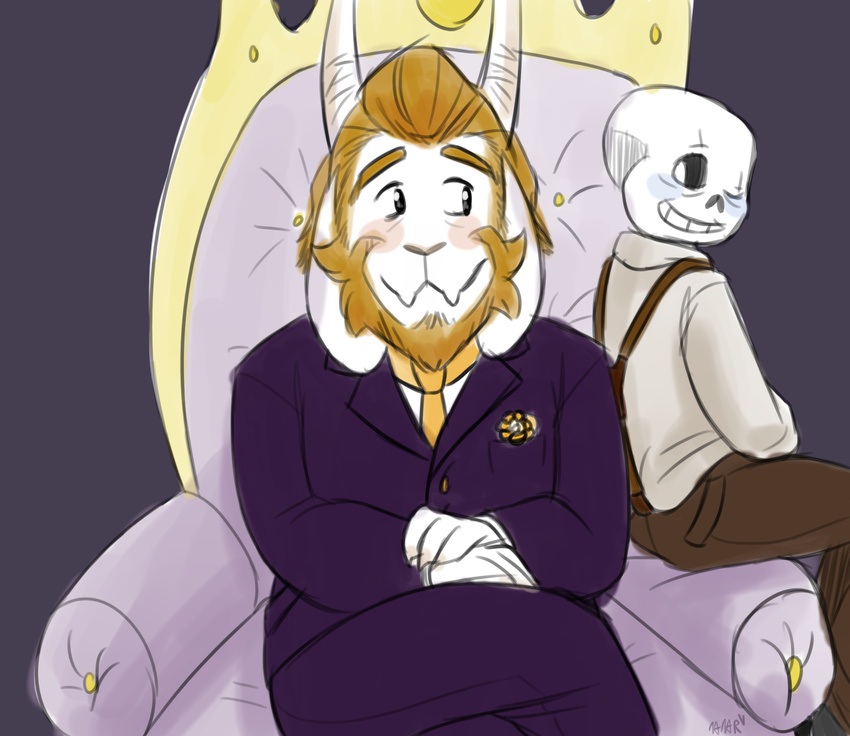 alternate_universe animated_skeleton anthro asgore_dreemurr beard blonde_hair blush bone boss_monster_(undertale) bovid business_suit caprine chair clothing duo facial_hair furniture hair haruhana horn long_ears male male/male mammal mature_anthro mature_male necktie sans_(undertale) skeleton suit suspenders throne undead undermafia undertale undertale_(series)