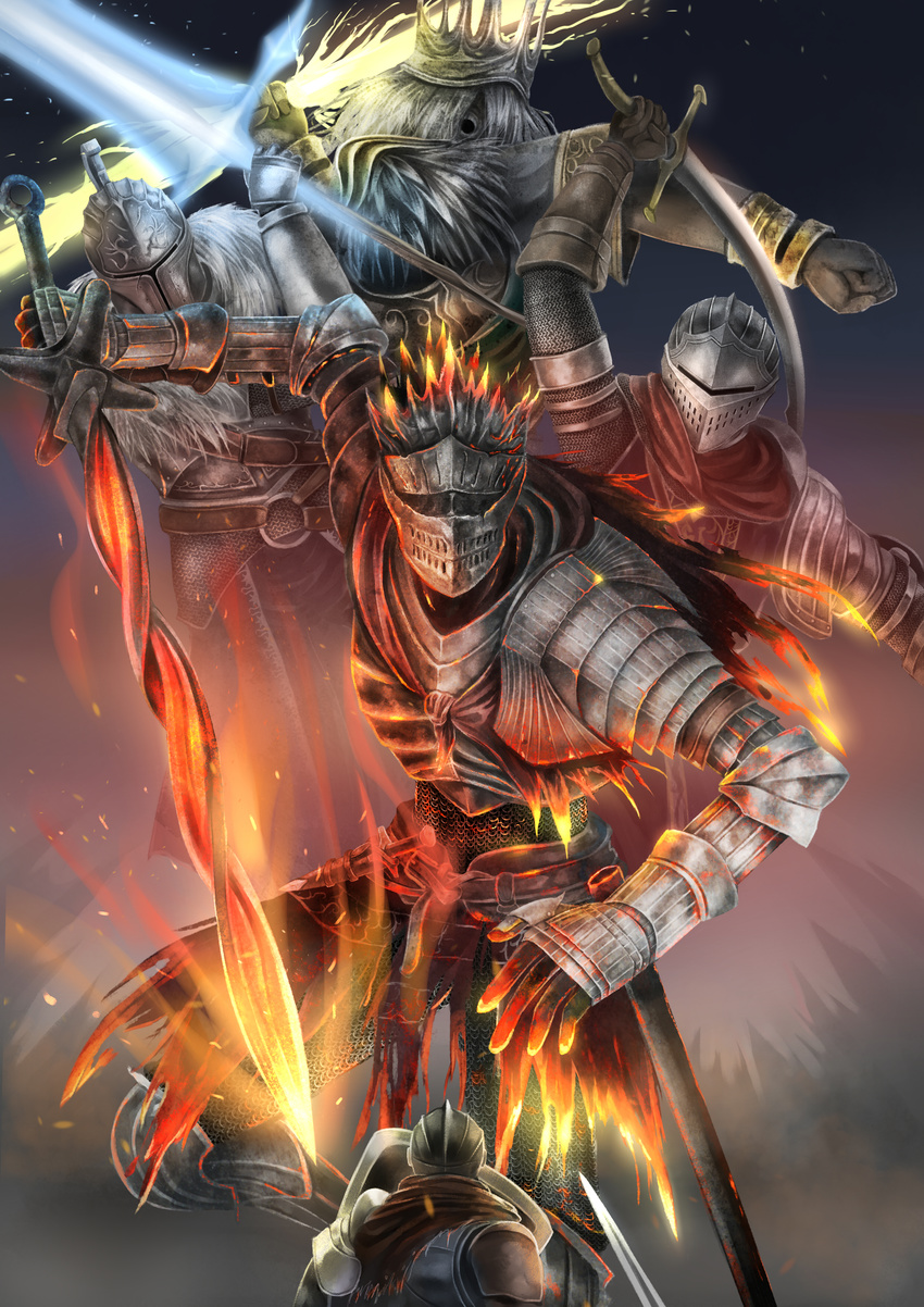 5boys absurdres armor ashen_one_(dark_souls_3) battle beard bearer_of_the_curse chosen_undead commentary_request crown dark_souls_(series) dark_souls_i dark_souls_ii dark_souls_iii elrem facial_hair fire full_armor gwyn_lord_of_cinder helmet highres knight lightning long_hair magic multiple_boys scimitar shield soul_of_cinder sword tabard wand weapon