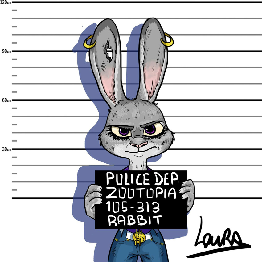 1:1 2016 anthro belt belt_buckle buckle chart clothed clothing currency_symbol disney dollar_sign ear_piercing female fur grey_body grey_fur height_chart hi_res holding_object holding_sign hole_in_ear jail_placard judy_hopps lagomorph laura_ranuzzi leporid looking_at_viewer mammal metric_unit mugshot number piercing pink_nose placard purple_eyes rabbit sign signature solo symbol unit yellow_sclera zootopia