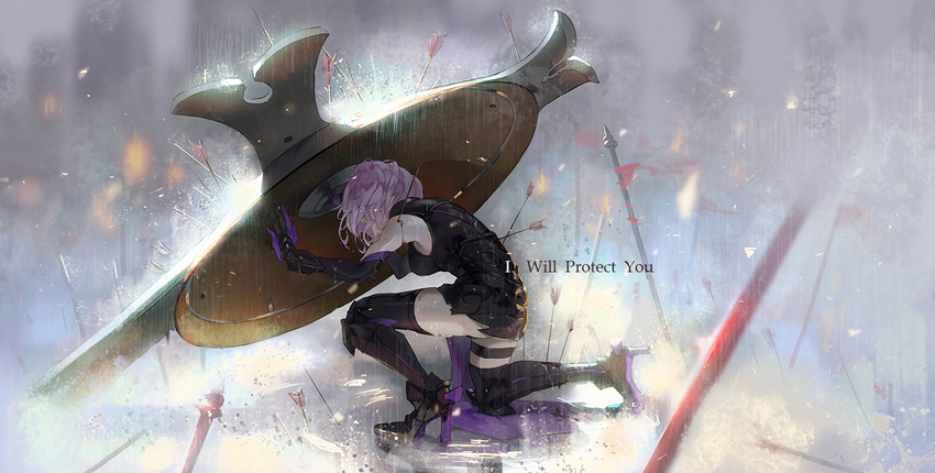 armor arrow_(projectile) black_thighhighs blocking blood carrying_overhead commentary_request elbow_gloves english_text fate/grand_order fate_(series) female from_behind from_side full_body gloves high_heels holding holding_shield impaled injury kuroduki_(pieat) lord_camelot_(fate) mash_kyrielight on_one_knee outdoors photoshop_(medium) pink_hair planted planted_arrow rain rain_of_arrows reflective_floor shield short_hair solo thigh_strap thighhighs title weapon